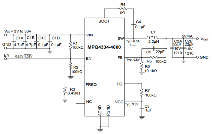 Application Circuit Diagram - Monolithic Power Systems (MPS) MPQ4334 Synchronous Step-Down Converters